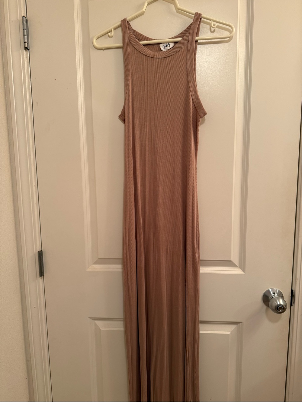 LNA Sleeveless Ribbed Maxi Dress in Tan/Taupe